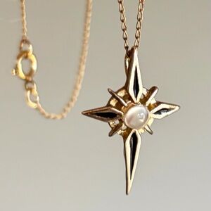 Vintage 14k Gold Fill Lords Prayer Black Enamel Deco Cross Pendant Necklace 10”